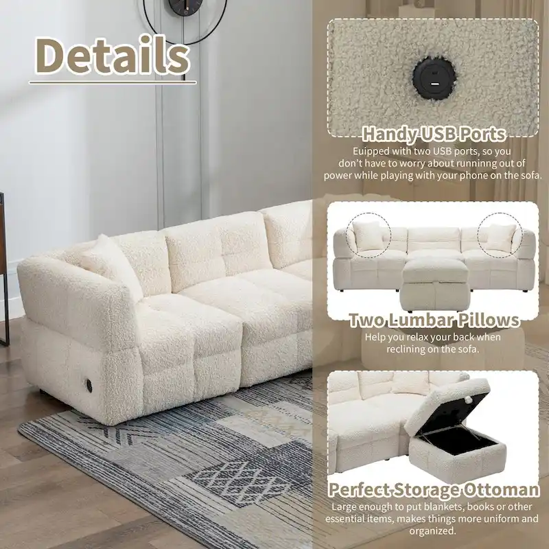 87.7 Sectional Sofa Cozy Teddy Fleece Fabric Sectional Sofa Couch
