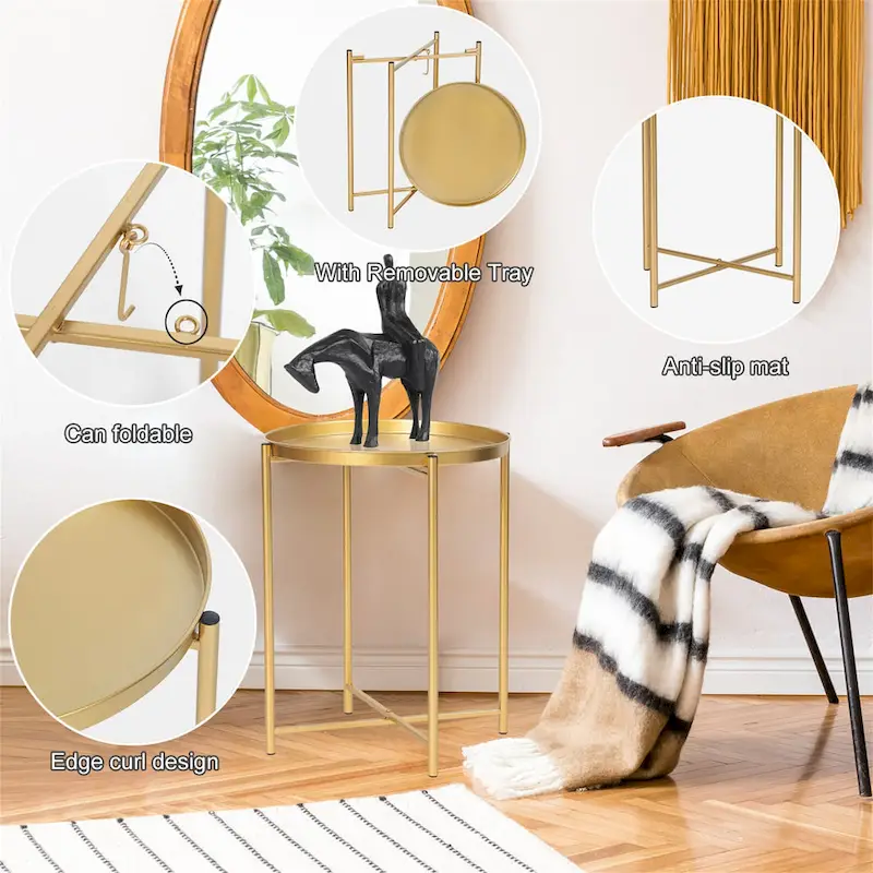 Adeco Gold End Table Metal Waterproof Snack Beside Table Accent Coffee Table - 16.9(D)x 16.9(W)x 20.5(H)