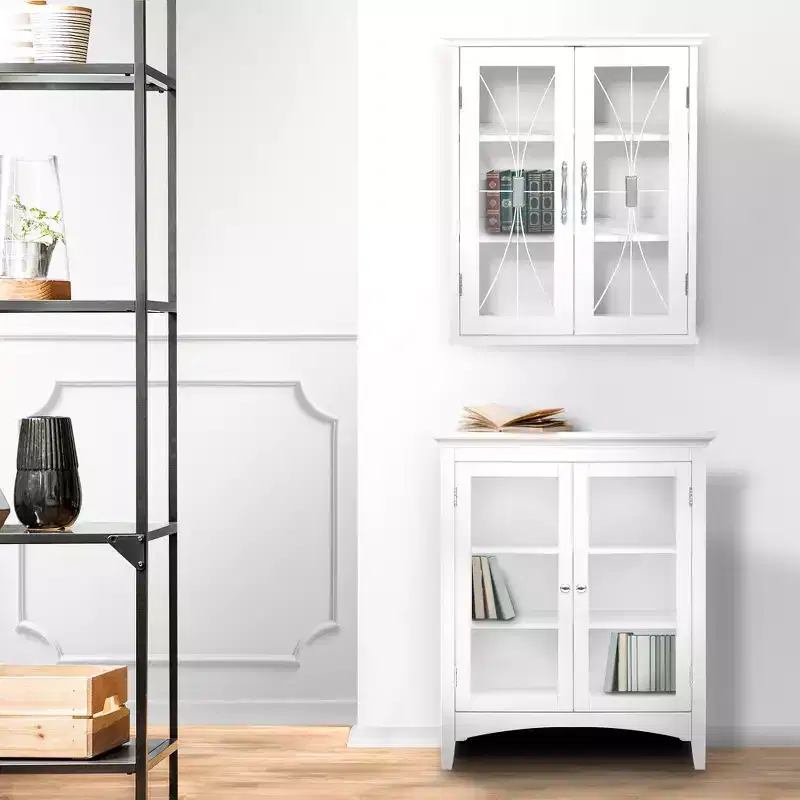 Wall Cabinet with 2 Tempered Glass Doors & 2 Adjustable Shelves, White, 20.5