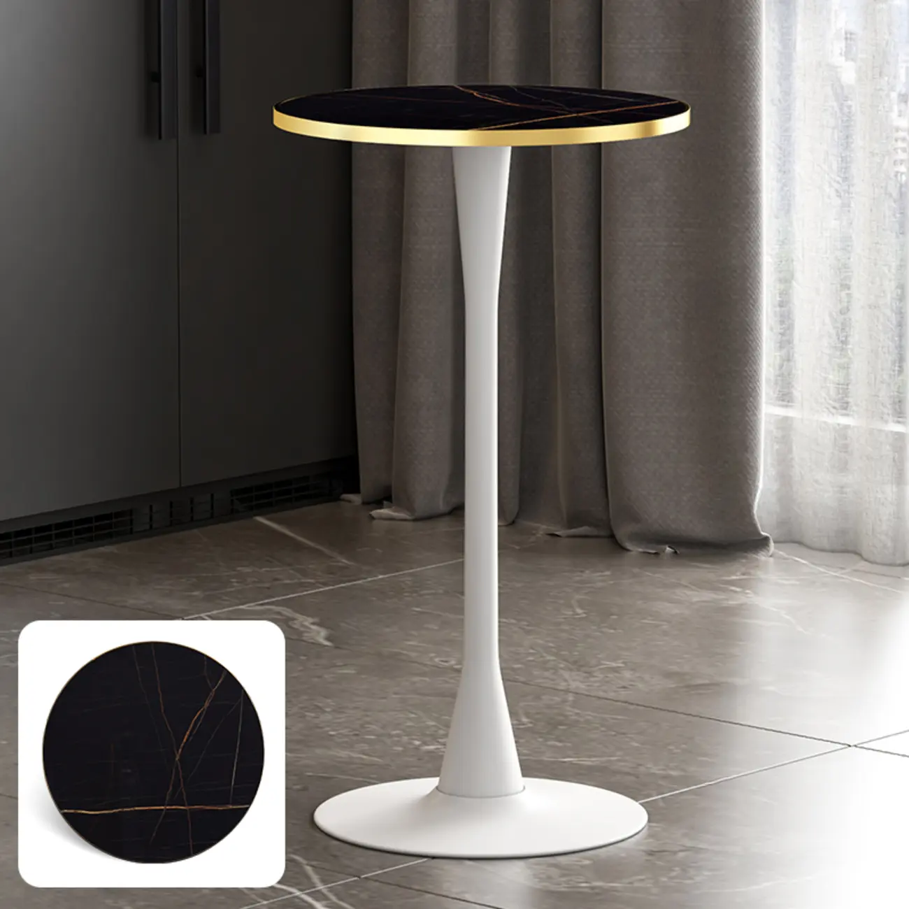 Modern Matte Black Metal Pedestal Round Wood Bar Tables