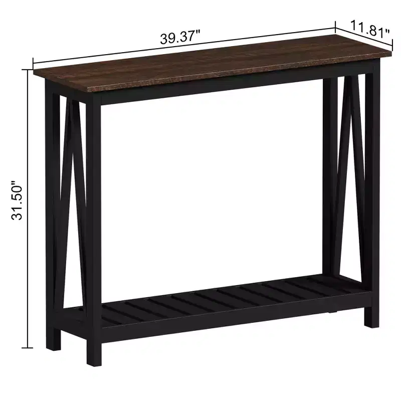 Black Frame Brown Top Rustic Console Table with Lower Shelf, 1-Person