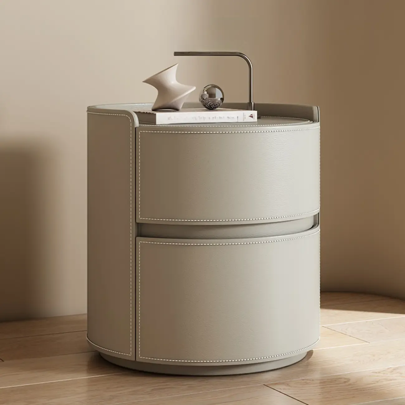 Modern Leather Tray Round 2-Drawer Nightstand
