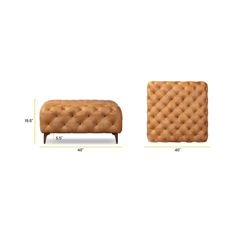 Poly & Bark Turin Ottoman in Cognac Tan with Wood Legs - Full Grain Genuine Italian Leather