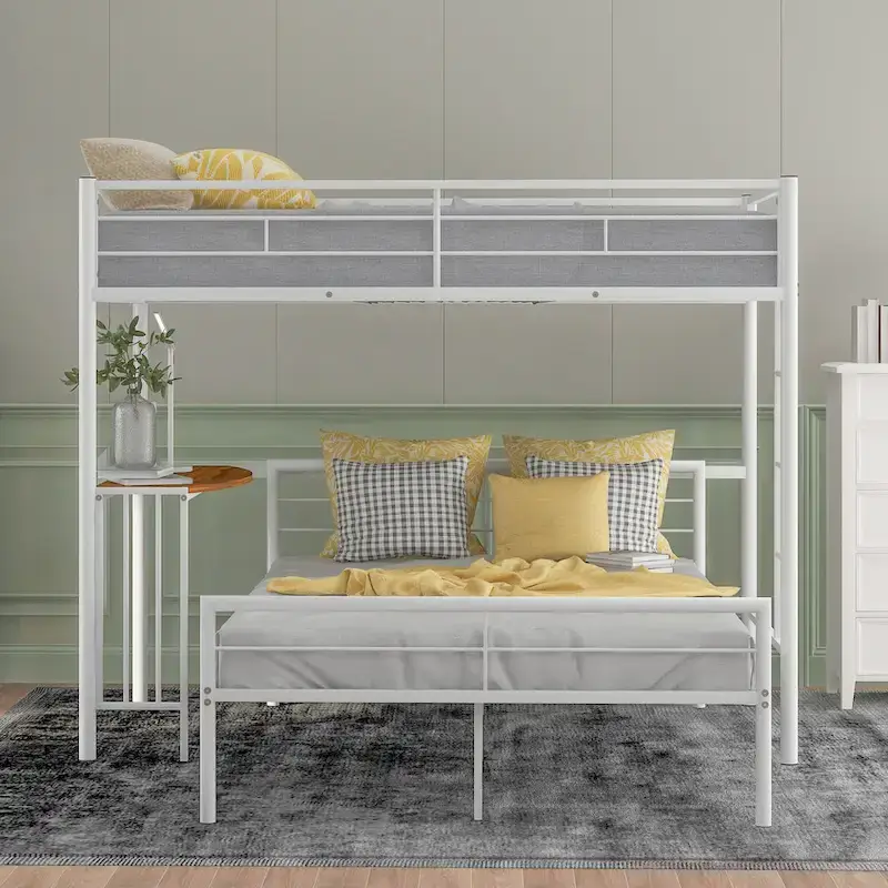Twin Over Full Metal Bunk Bed with Desk, Ladder and Quality Slats for Bedroom, Metallic White_OLD SKU :LP000092AAK_