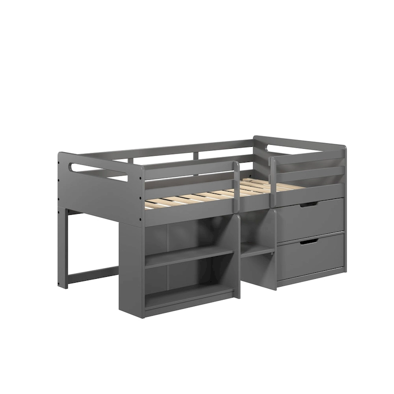 Gray Twin Solid Wood Loft Bed with Storage & Fence