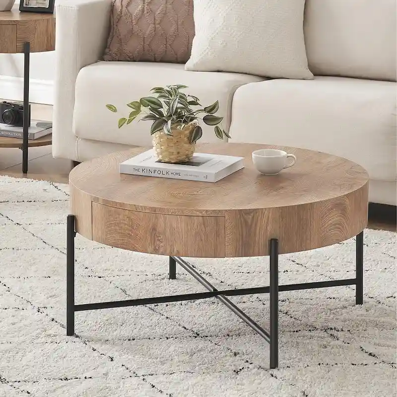Round Coffee Table with with Two Drawers - Natural