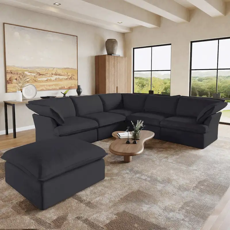 L-shape Linen Sofa Modern Upholstered Sectional Sofa with Ottoman