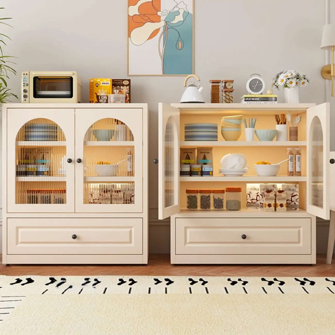 Narrow Metal White Buffet Cabinet with Drawer