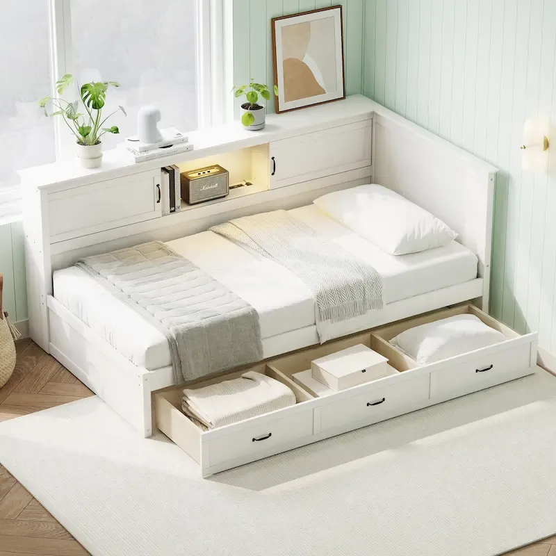 L-Shaped Daybed with Storage Drawers, Bookcase Headboard, Charging Station and LED Light