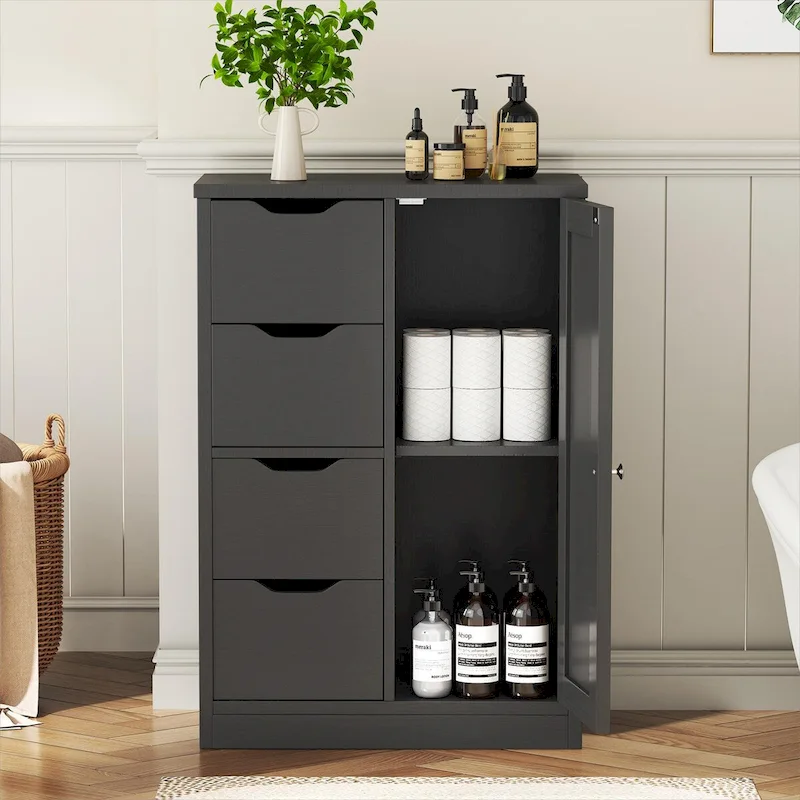 Bathroom Floor Storage Cabinet, Freestanding Pantry Cabinet with 4 Drawers and 1 Door