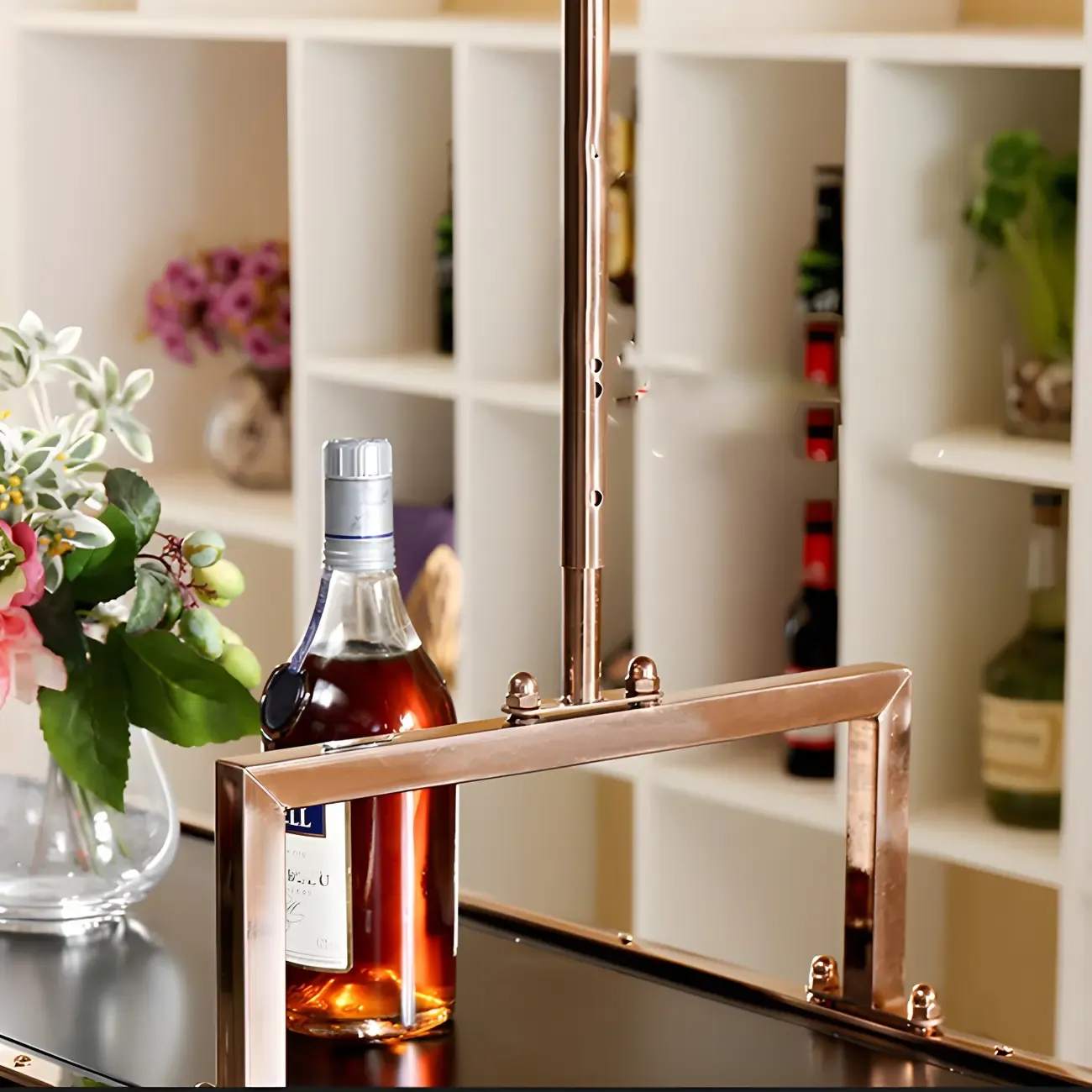 Elegant Black Hanging Wine Rack with Glass Holder