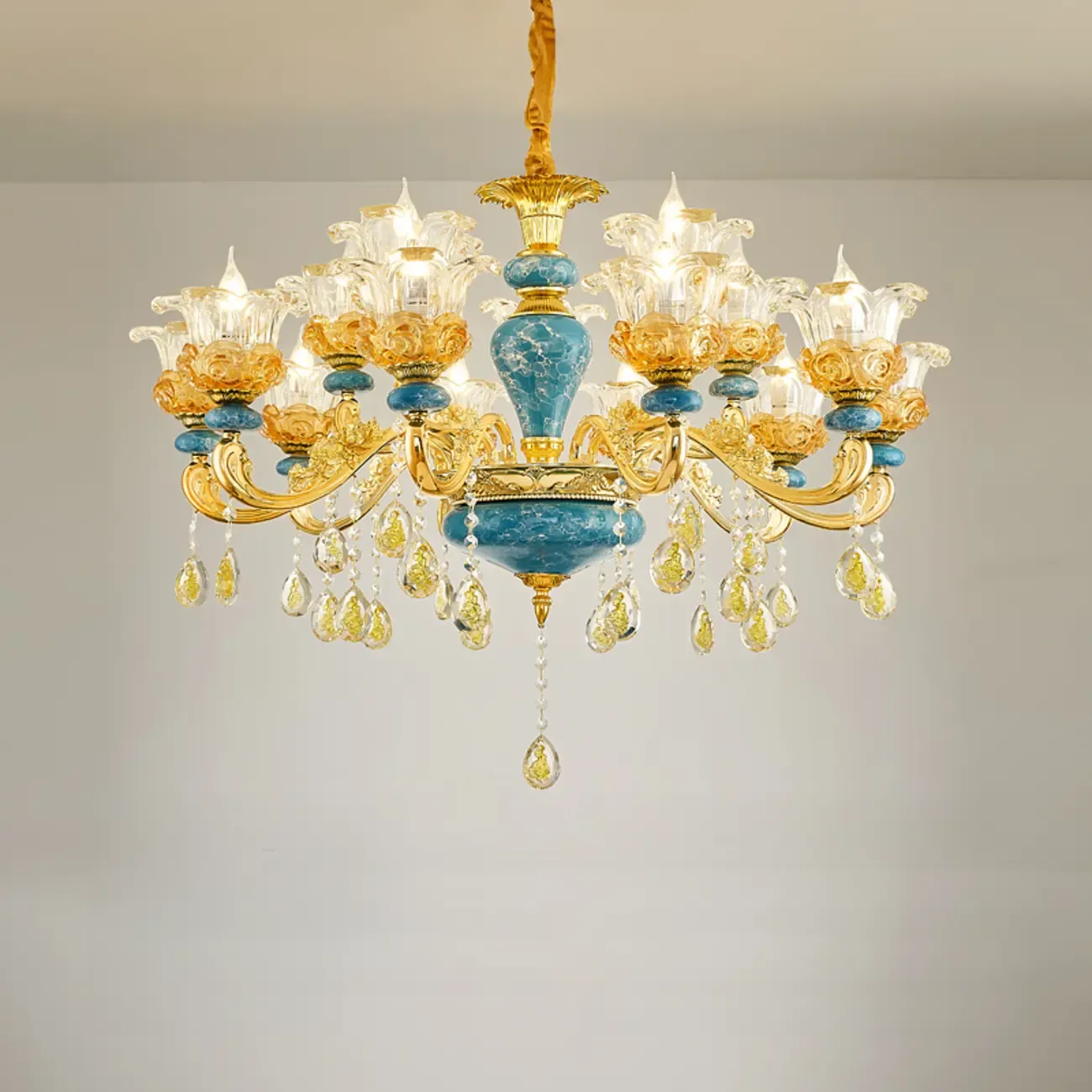 Large Luxury Brass Flower Shape Clear Glass Chandelier