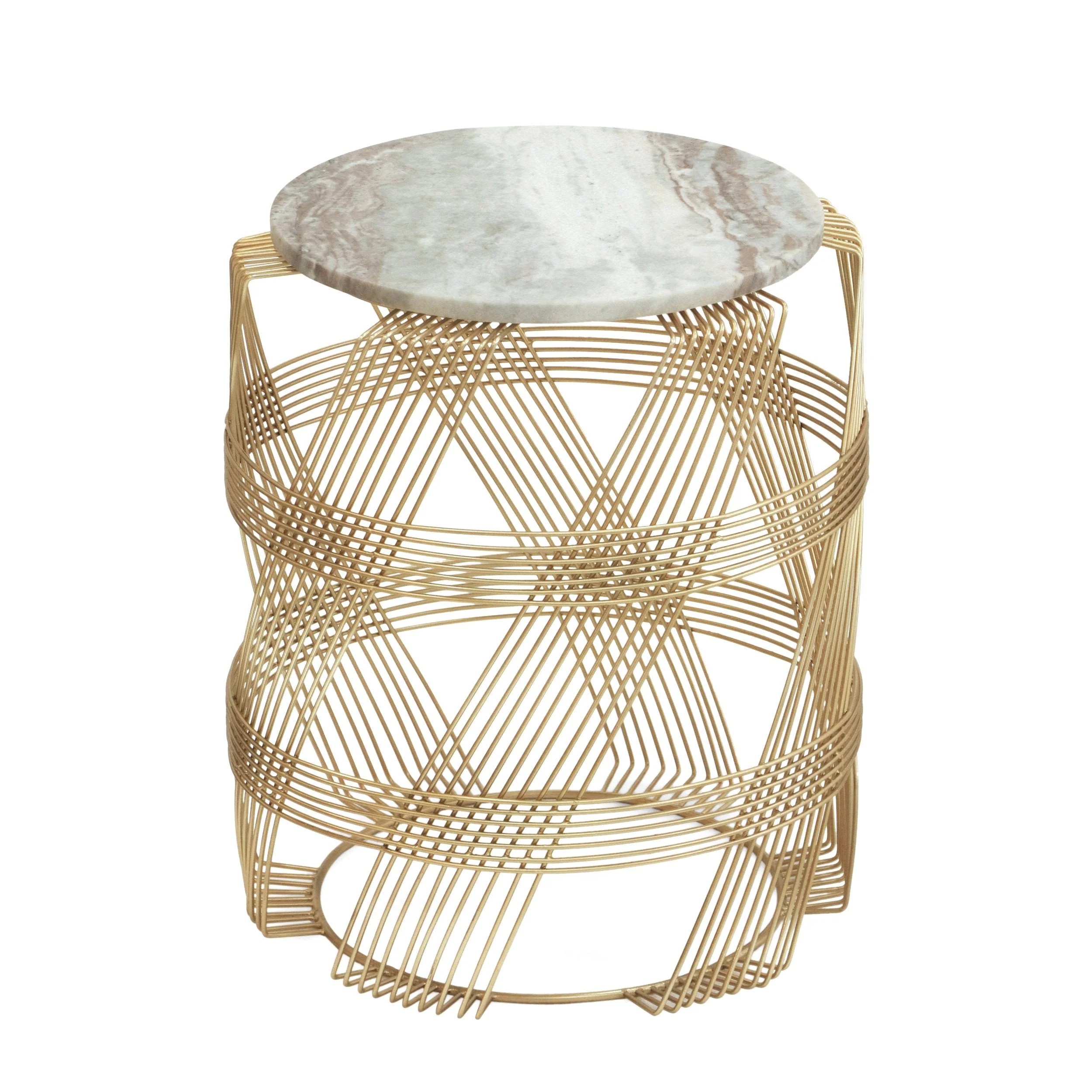 Modern Glam Handcrafted Marble Top Wire Frame Side Table, Natural and Gold - NH977413