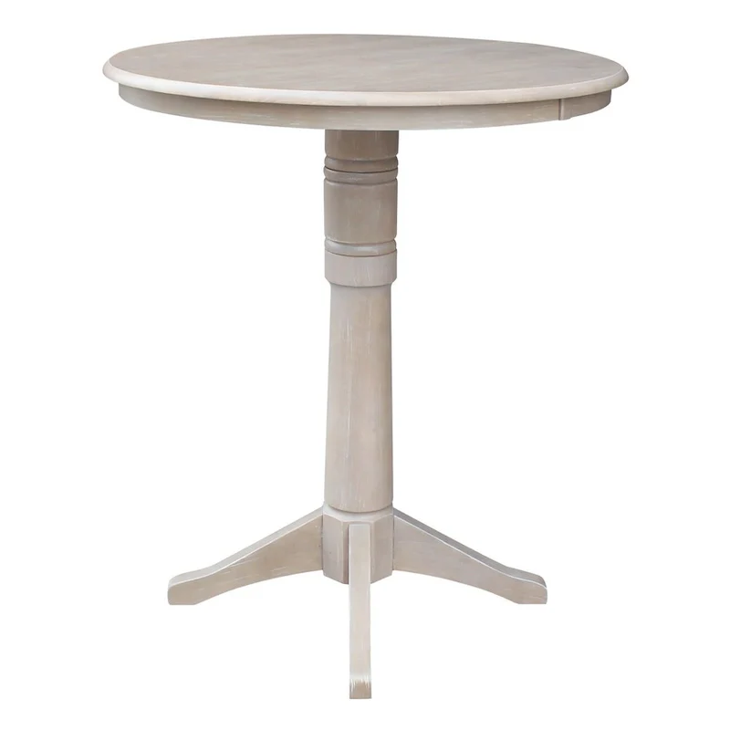 Round Top 36 x 36 Solid Wood Pedestal Table in Washed Gray Taupe