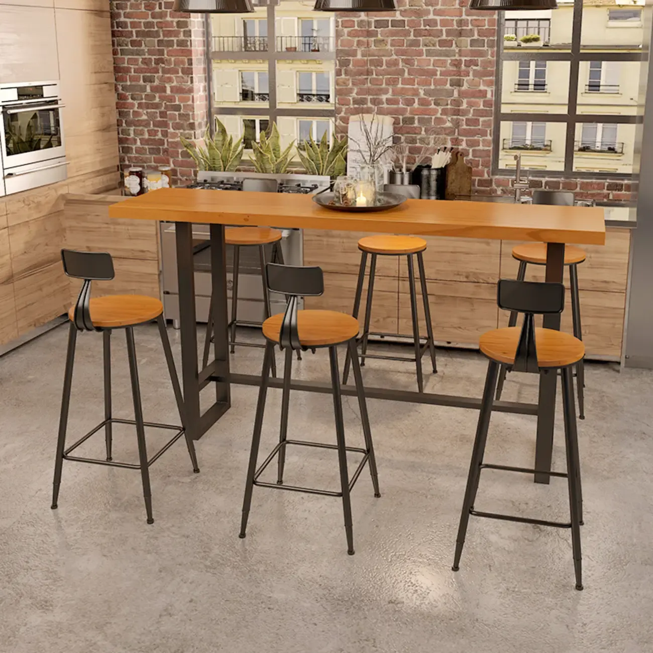 Industrial Wood Bar Table Set with Black Metal Base