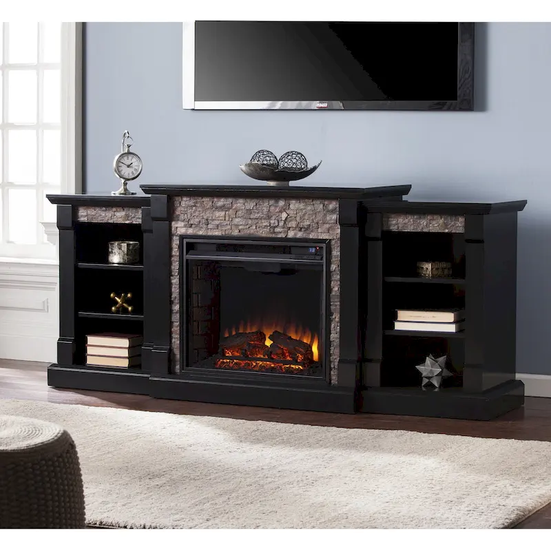 Hay River Black Electric Fireplace with Bookcases