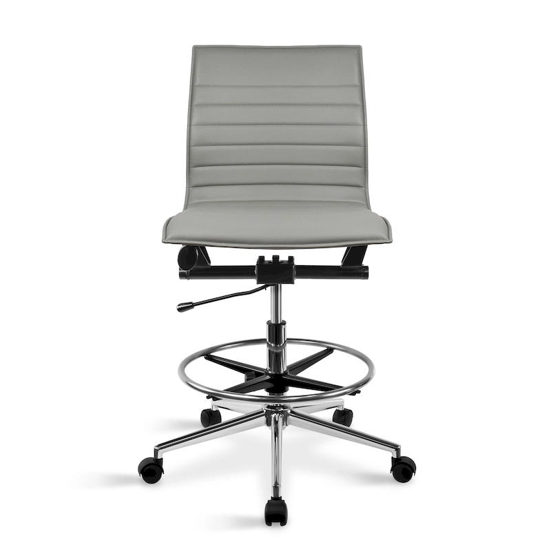 Modern Drafting Chair Upholstered PU Leather Ribbed Armless Mid Back with Tall Adjustable Base & Leg Rest