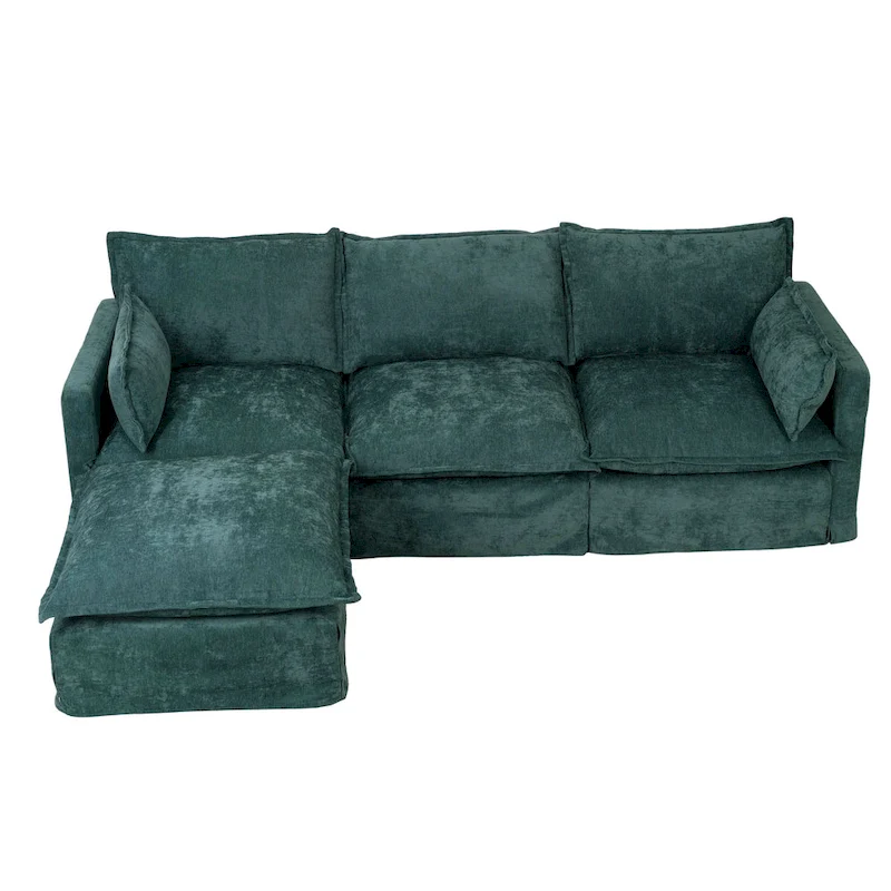93.31 Faux Linen Modular Sectional Sofa with Movable Ottoman, Solid Wood Frame, and High-Resilience Foam Cushions