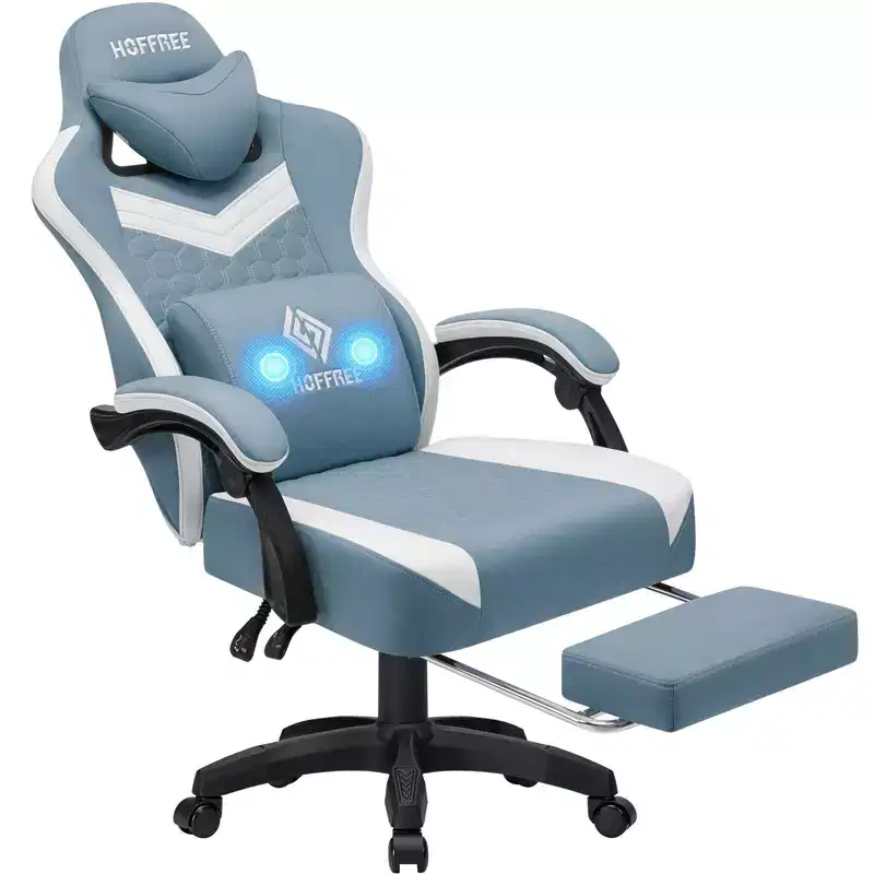 Hoffree Breathable Fabric Massage Gaming Chair Ergonomic Office PC Chair with Footrest & Adjustable