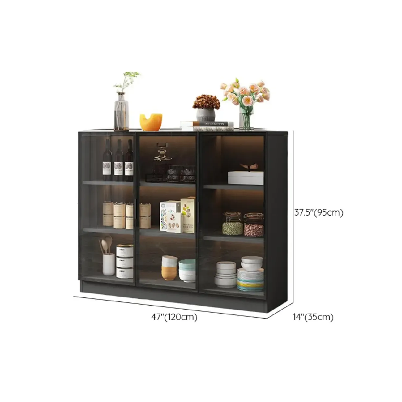 Large 3 Shelves Glass Wood Black Sideboard with LED Light