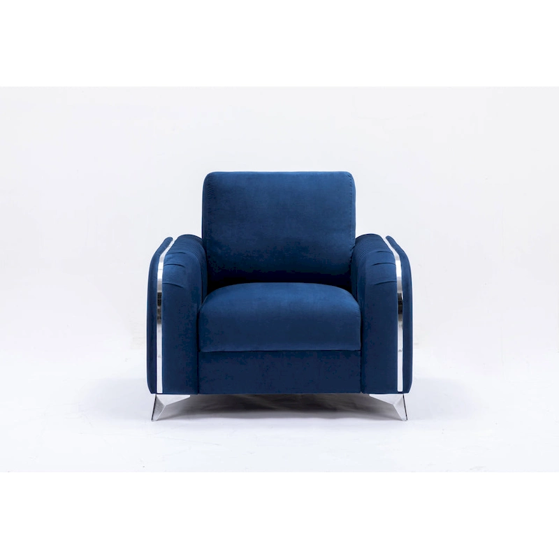 Blue Modern 38 Velvet UpholsteredAccent Chair with Polished Chrome Trim Legs and Vertical Pleated Design