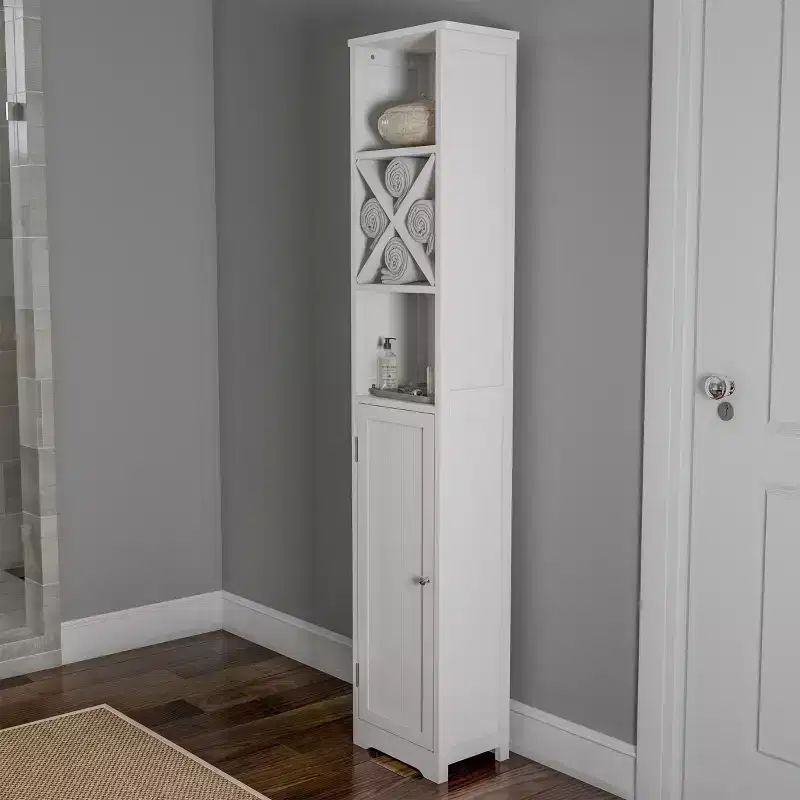Hastings Home 67-Inch Tall Linen Tower Cupboard with Cubbyhole Divider and Adjustable Shelves