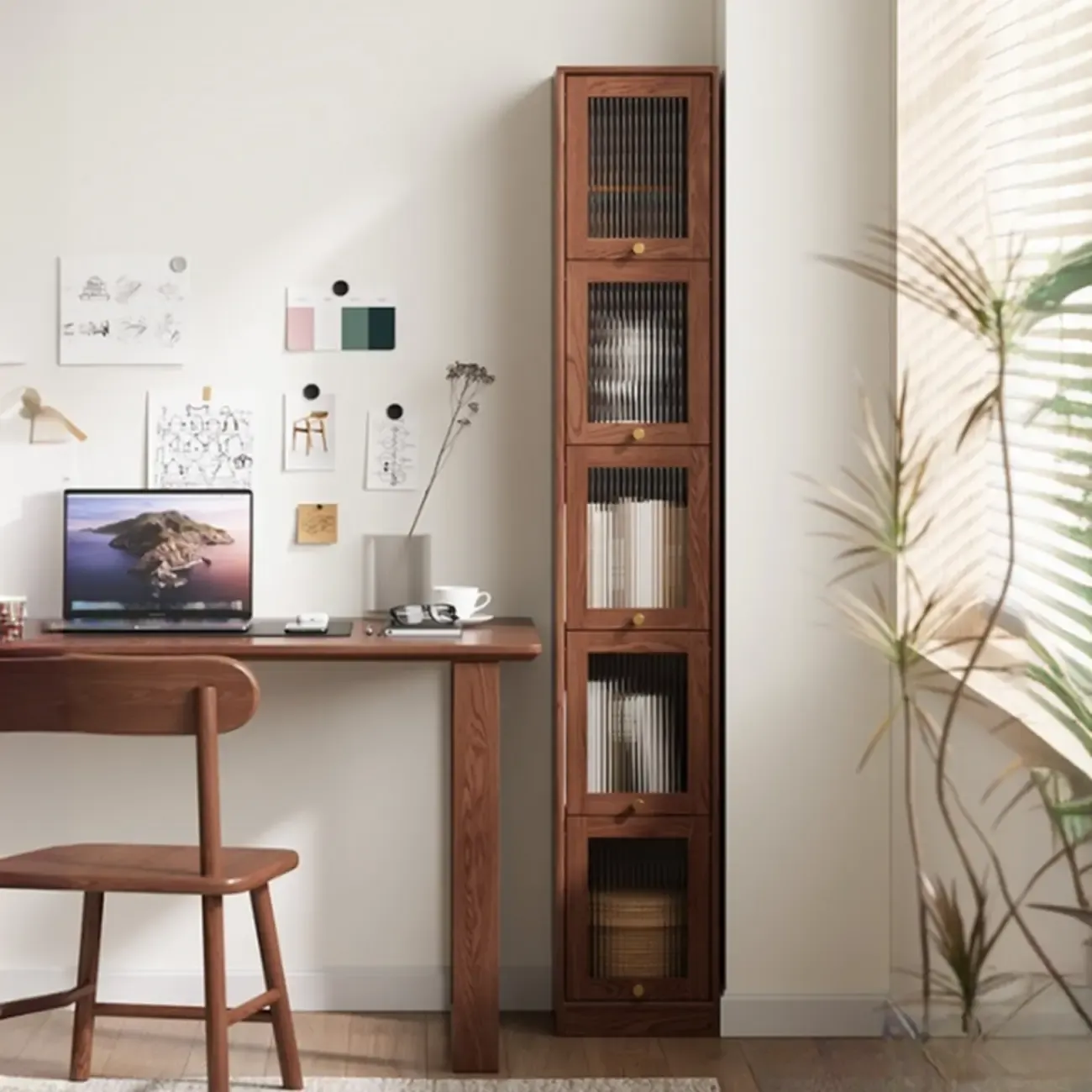 Cherry Wood Vertical Bookcase with Glass Doors