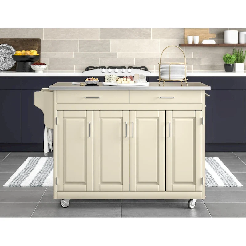 Puff Island White Finish with Stainless Steel Top Kitchen Cart