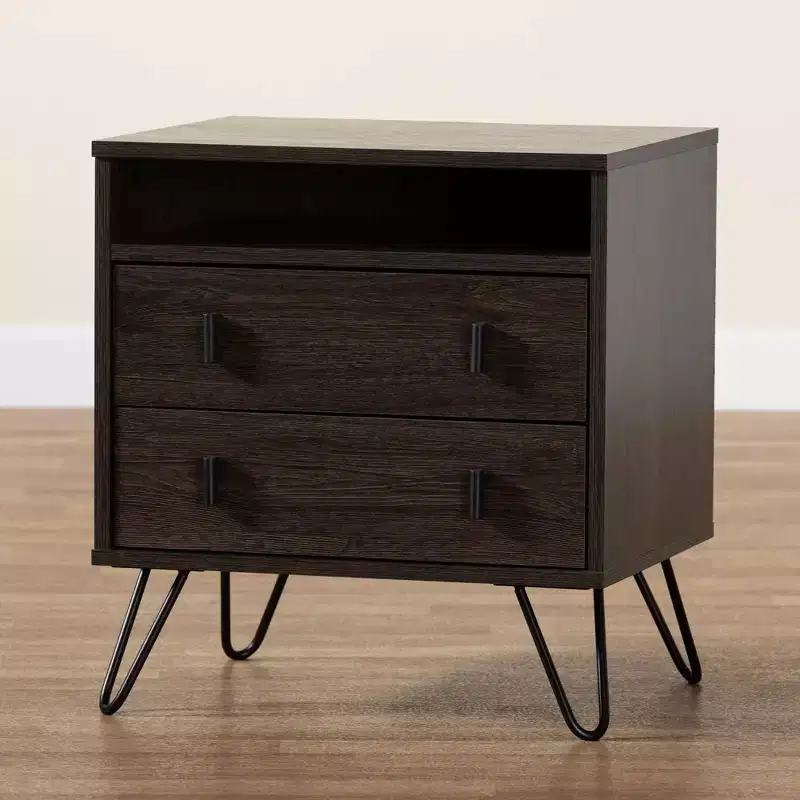 Glover Wood and Metal 2 Drawer Nightstand Brown/Black - Baxton Studio: Modern Bedside Furniture with Open Shelf