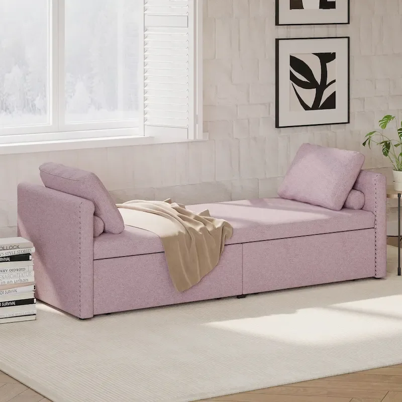 Modern Upholstered Chaise Lounger Daybed Small Single Daybed with 2 Drawers, No Mattress Needed
