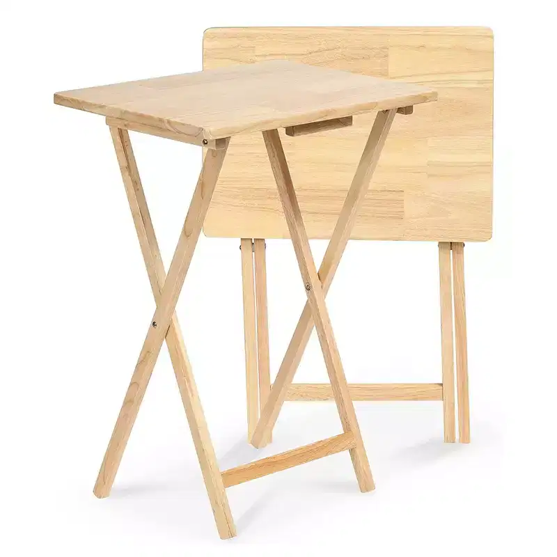 Rectangular Folding Portable TV Snack Serving Tray Table, Solid Wood Construction with Natural Finish (8-Piece Set)