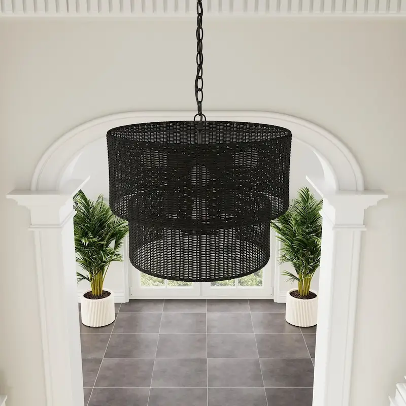 Farmhouse Matte Black Hand-Woven Rattan Craft Pendant Light