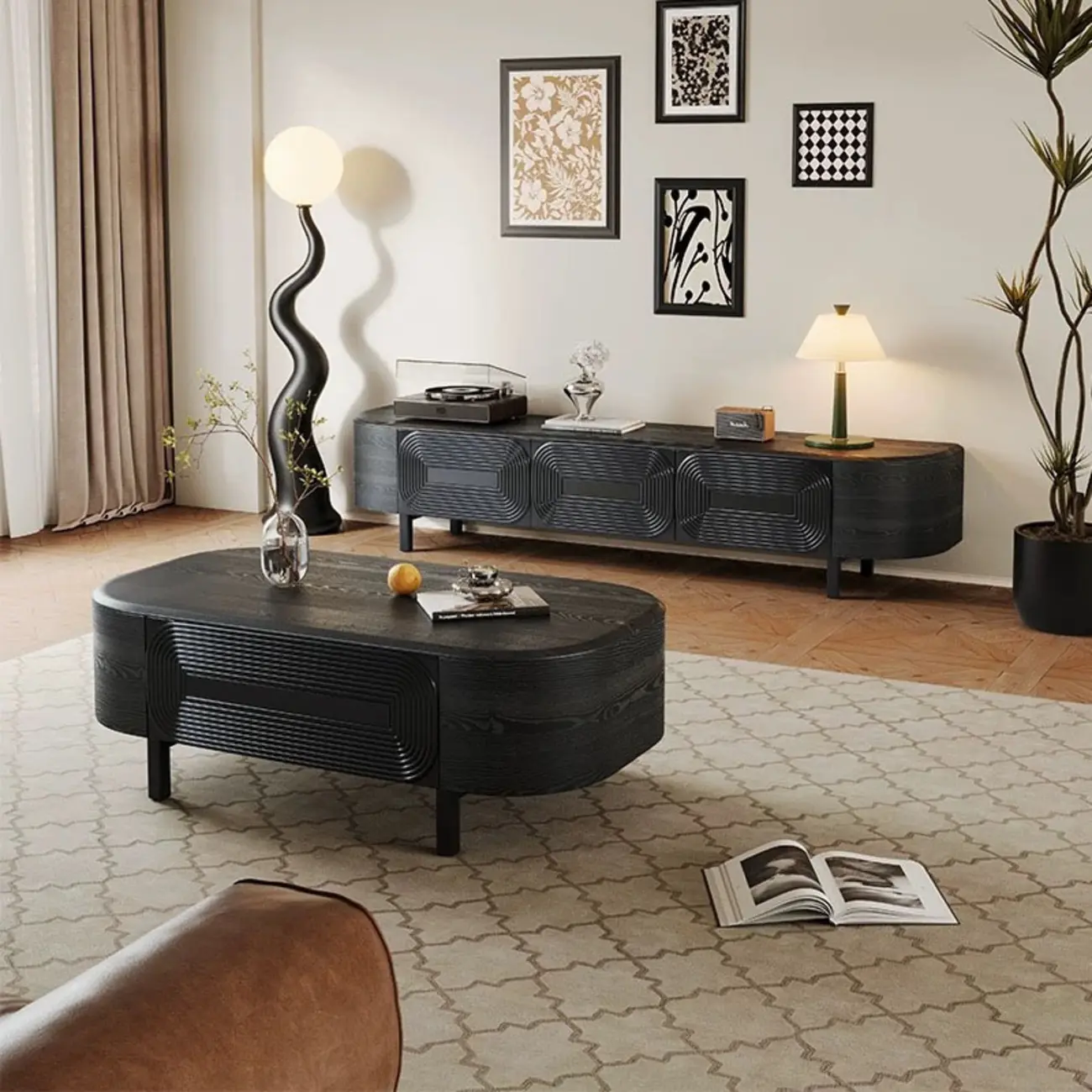 Mid Century Modern Black Wood TV Stand with Drawers