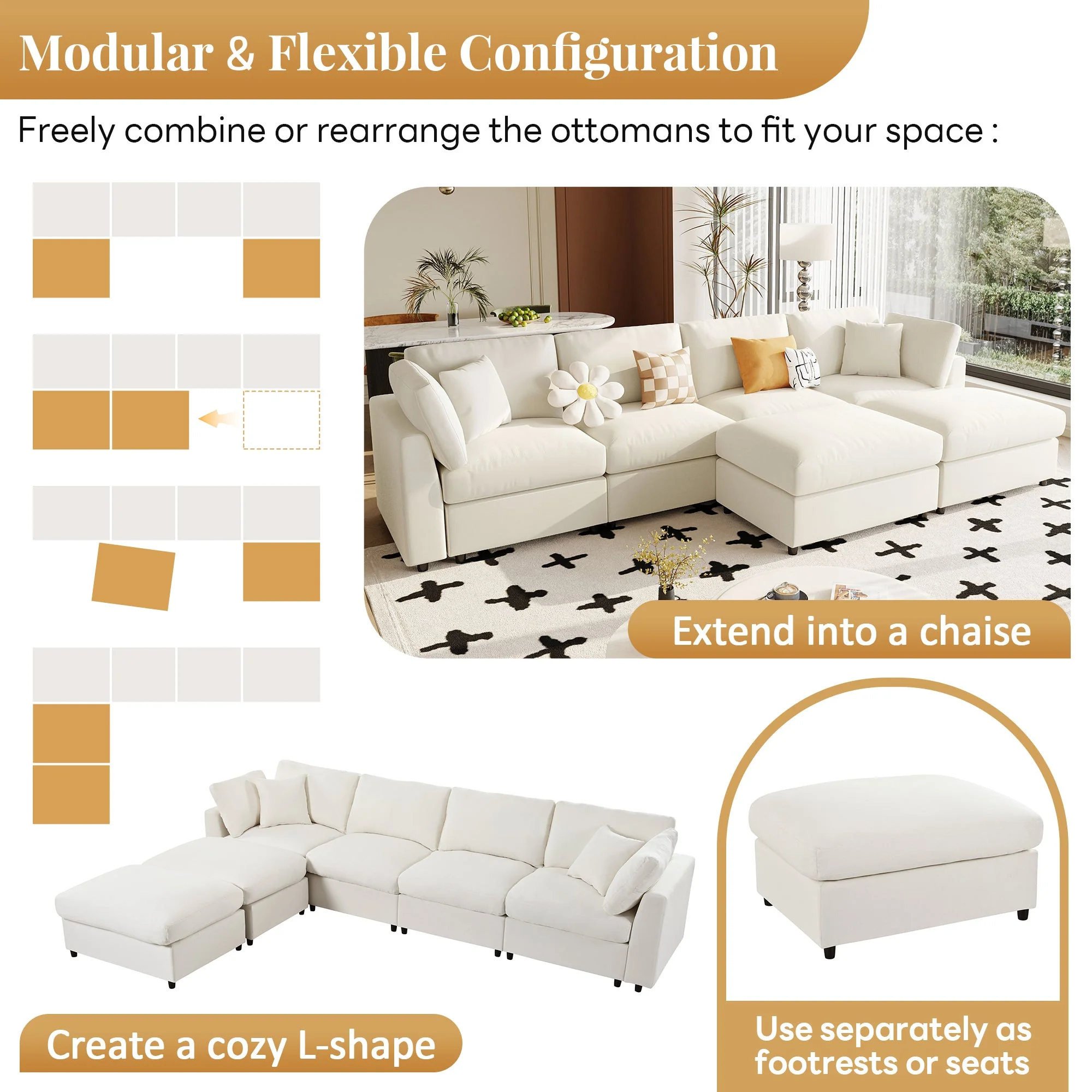 Modern Modular Chenille U-Shaped Sectional Sofa with Two Ottomans