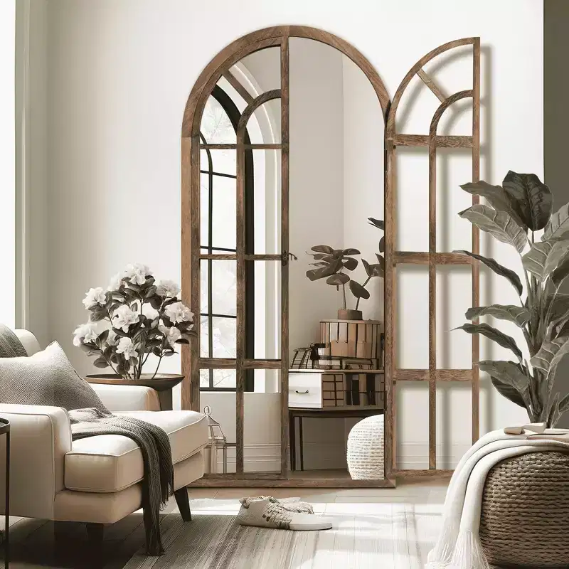 Full-Length Solid Wood Grid Arch Mirror 71x31in – Brown / White, 1-Person