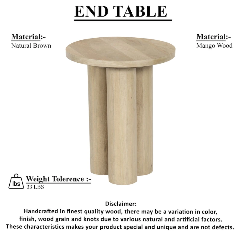 Hazel Side Table with 3 Pillar Legs, Handcrafted Natural Brown Mango Wood, 17.7 Inch Round Top