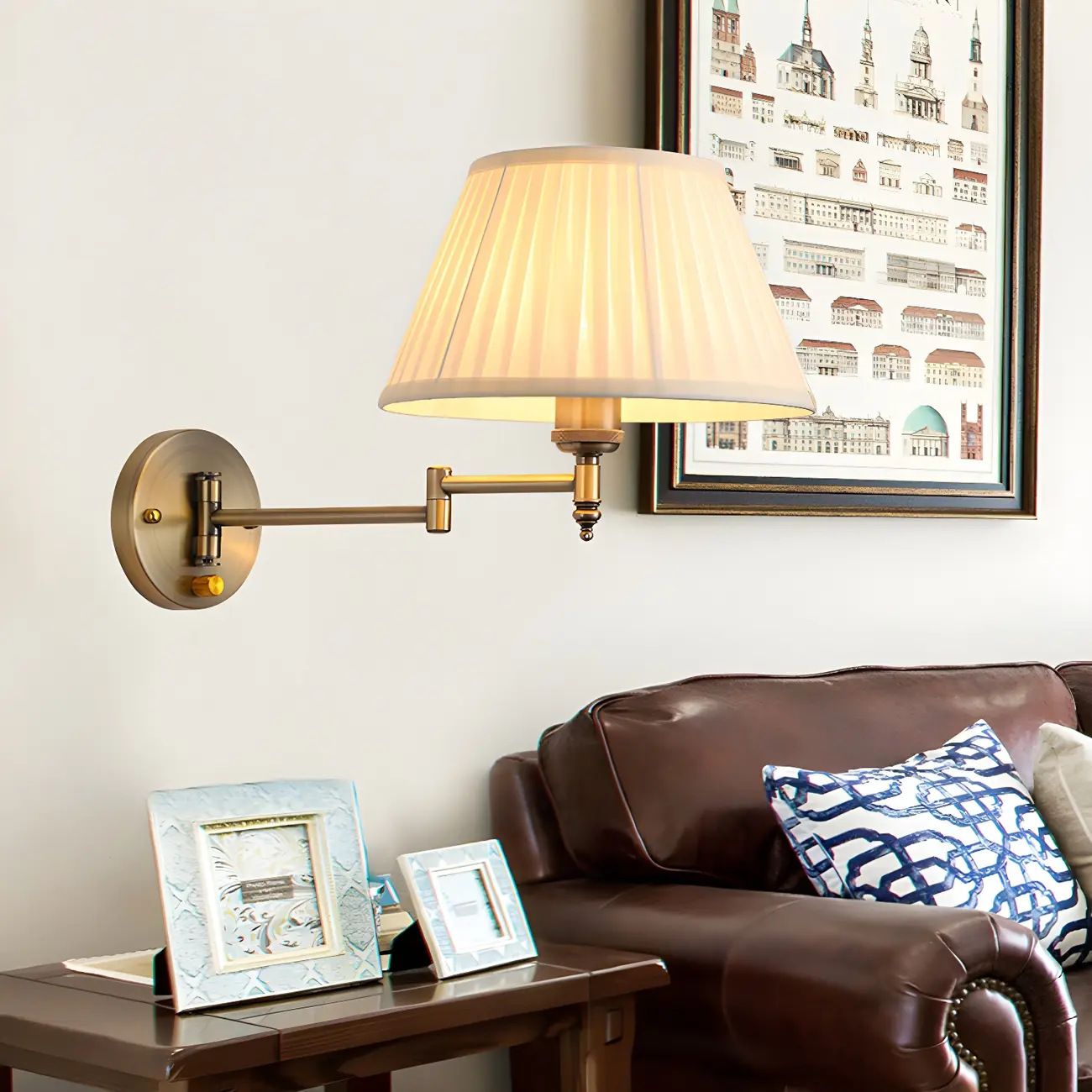 Classic White Fabric Shade Swing Arm Wall Light