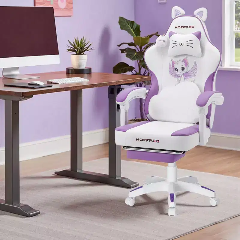 Hoffree Cute Pink Gaming Chair Girls Ergonomic Desk Chair with Footrest & Massage Lumbar