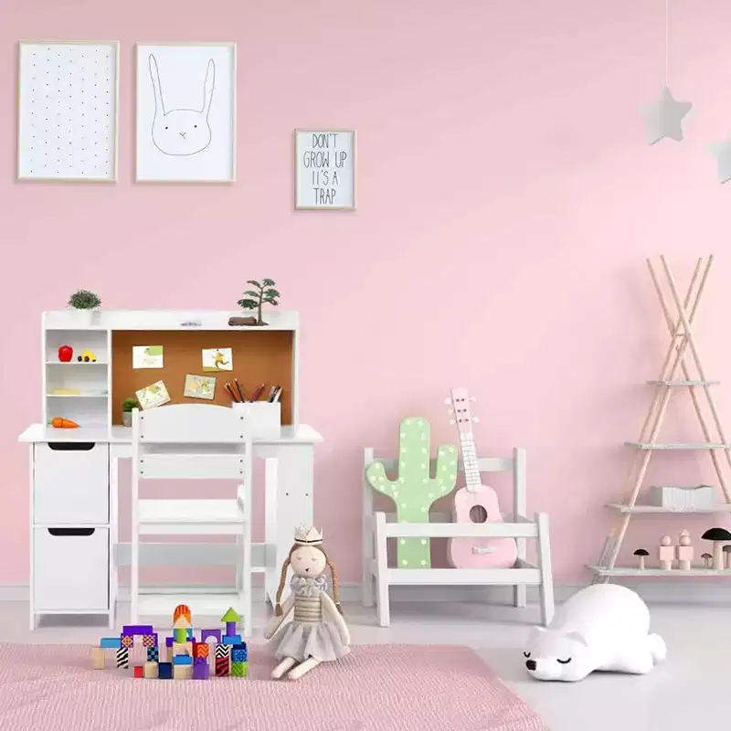 Kids Wooden Study Desk Learn Table Chair Set with Bookshelf, Bulletin Board, and Cabinets,White