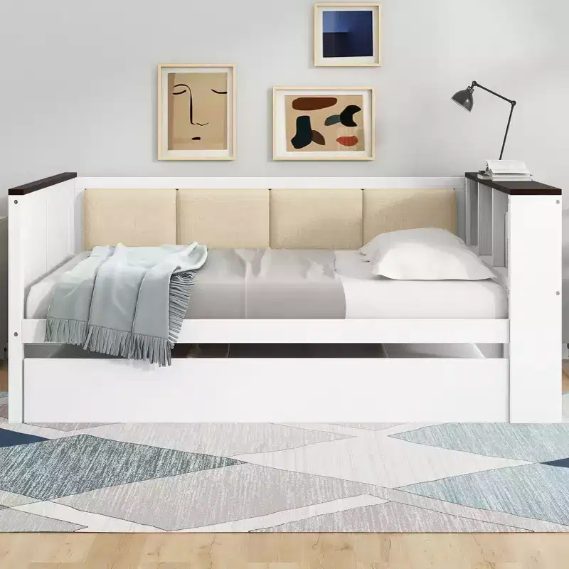 GDFStudio Gibson Wood Daybed with Storage Shelves and Upholstered Backrest