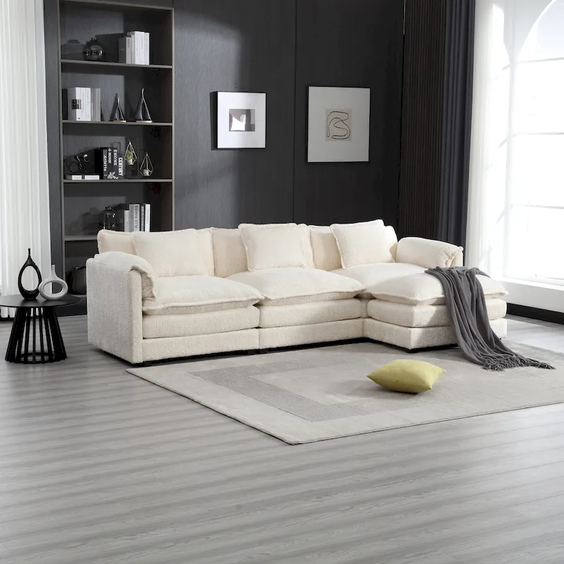 Beige 112.2 L-Shape 4-Seater Sectional Sofa in Modern Boucle Fabric with Removable Cushions and Detachable Armrests