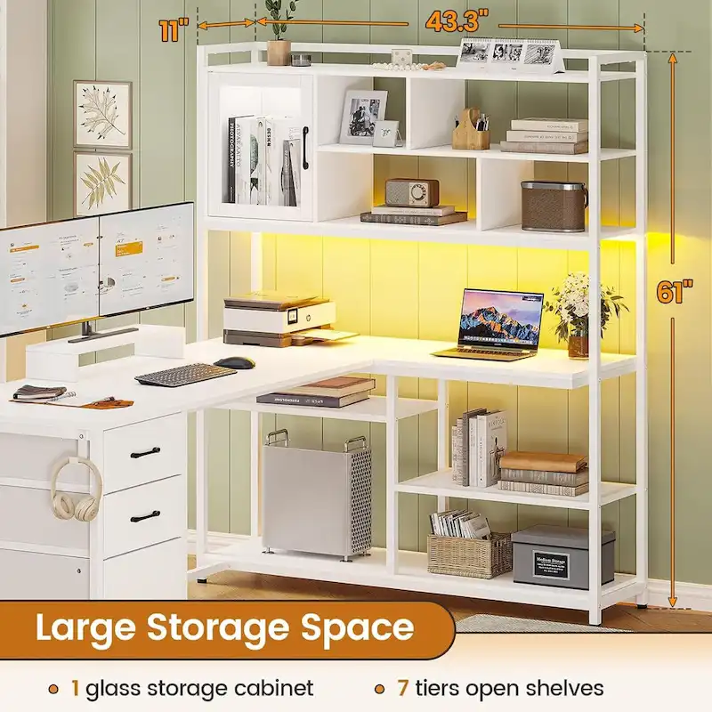 L Shaped Computer Desk 58 Office Desk with 3 Drawers and Bookshelf