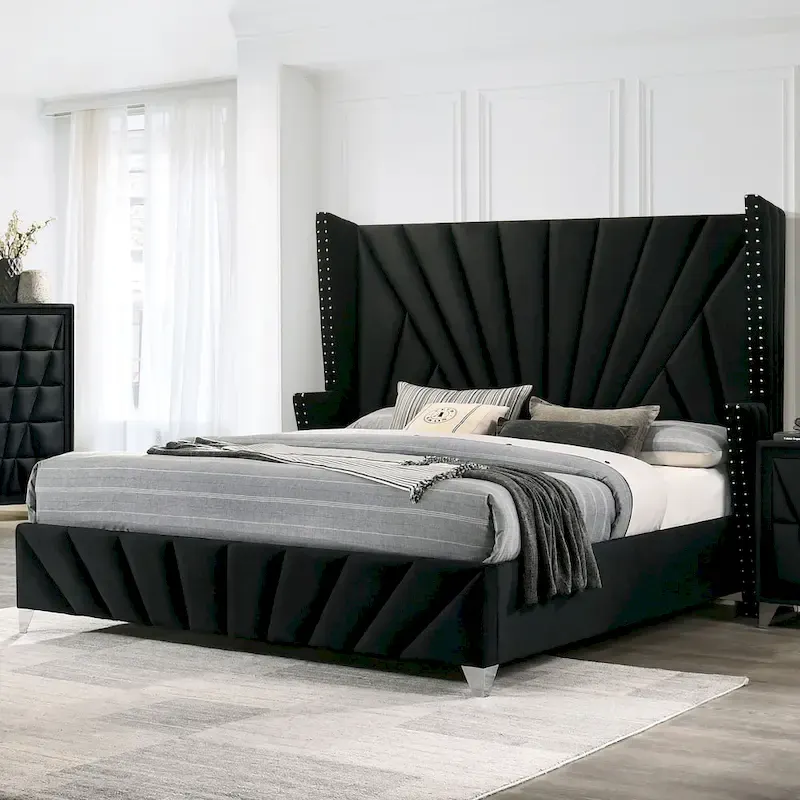 Ambrosia Glam Black Fabric Upholstered Nailhead 5-Piece Panel Bedroom Set by Furniture of America