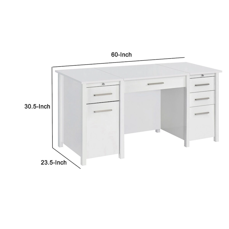 Wim 60 Inch Lift Top Office Desk, 4 Drawers, 2 Pull Out Trays, Glossy White