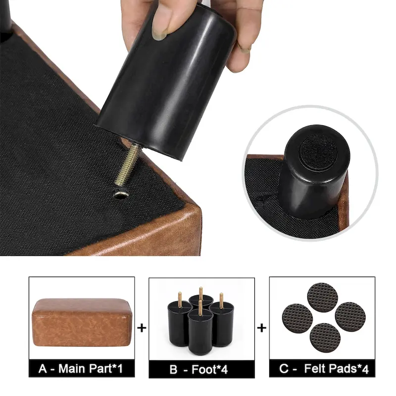 Rectangular PU Leather Footstool, Grey/Dark Grey/Brown, Wood Legs, Seats 1