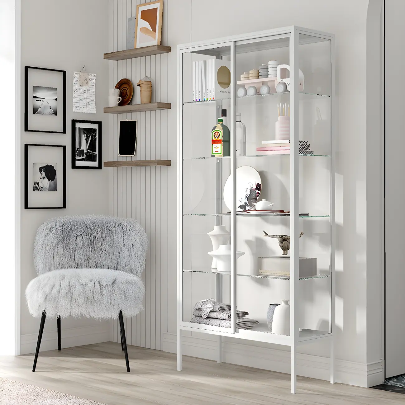 Black Metal Frame Glass Shelves Curio Cabinet