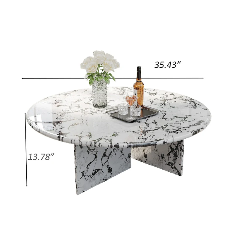 35.43 Modern Round Coffee Table,Glossy Faux Marble Table top