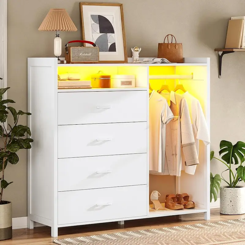 4-Drawer Dresser with Clothing Rack & RGB LED Lights, Anti-Tip, White/Black, Bedroom/Closet