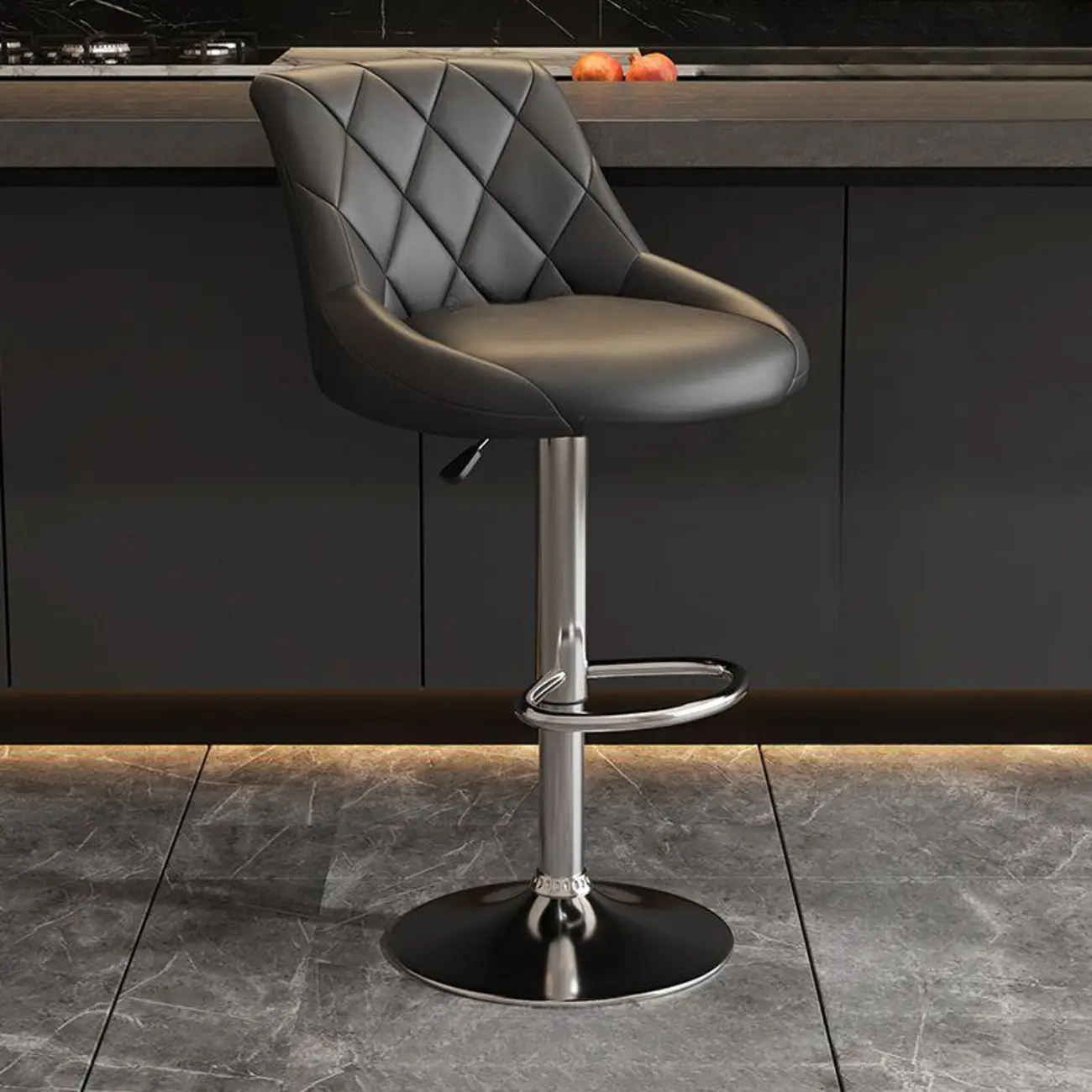 Diamond Tufted Swivel Bar Stool Adjustable Black Red PU Leather