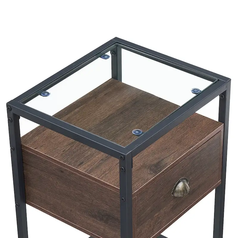 VECELO (Set of 2) Modern 1-Drawer Nightstand with 2-tier Glass Shelves